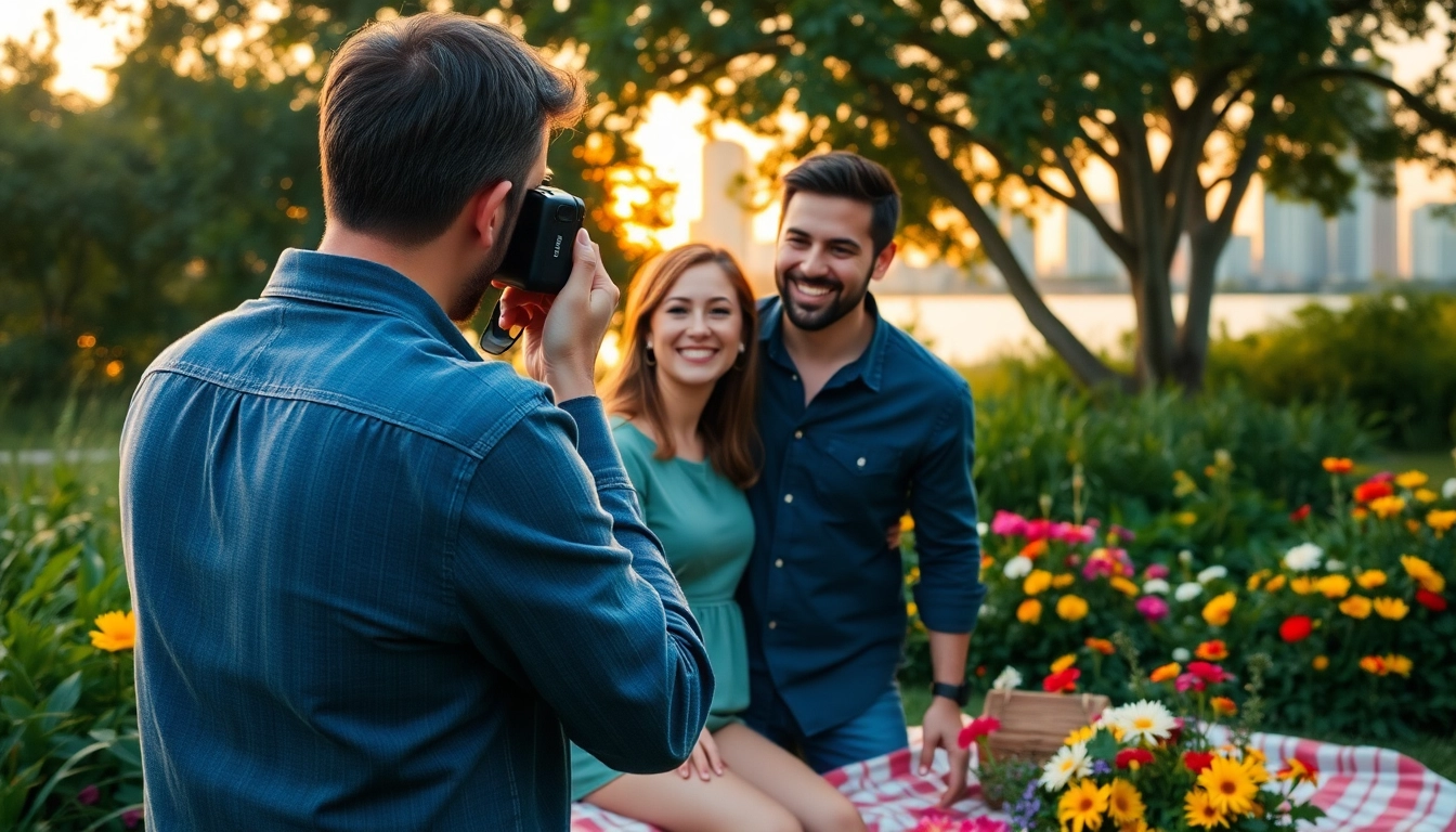 Photoshoot Tampa: Capturing intimate moments with a photographer in a vibrant outdoor setting.
