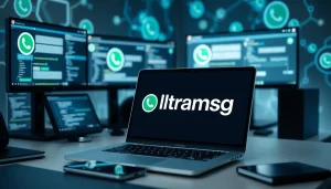Implementing ultramsg WhatsApp API in a modern tech workspace for messaging solutions.