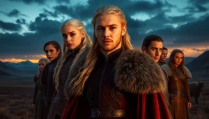 Engaging portrayal of the Game of Thrones cast amidst a dramatic setting, showcasing iconic characters.