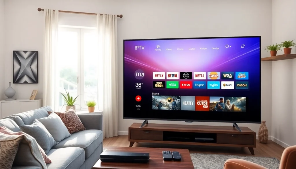 Stream IPTV with a modern setup showcasing iron IPTV on a stylish TV in a cozy living room.