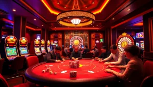 Engaging scene of gamblers at a poker table, showcasing Nhà cái XX88's elegant casino atmosphere.