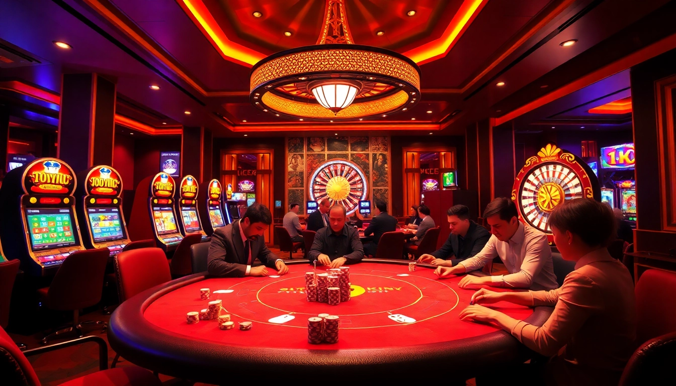 Engaging scene of gamblers at a poker table, showcasing Nhà cái XX88's elegant casino atmosphere.