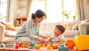 Engaging interaction between a Live-in Nanny Abu Dhabi and a young child in a cozy home setting.