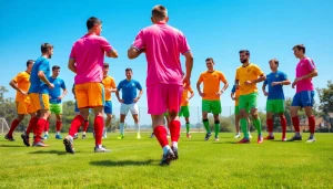 Showcasing team football kits worn by athletes during practice on a vibrant football pitch.