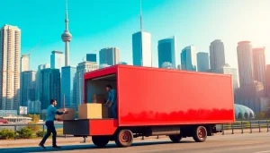 Toronto movers loading boxes into a moving truck in a vibrant city setting.