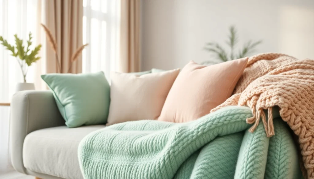 Fleece stof op een comfortabele sofa in een sfeervolle woonkamer met pastelkleuren.
