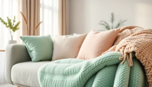 Fleece stof op een comfortabele sofa in een sfeervolle woonkamer met pastelkleuren.