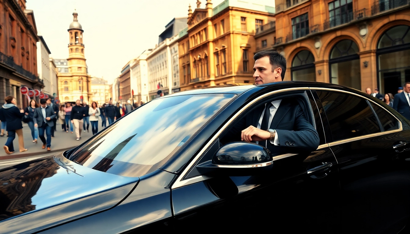 Experience Chauffeur Services Nottingham with a professional chauffeur in a luxury vehicle amidst city life.