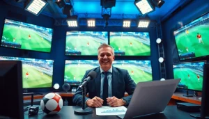 스포츠중계 현장에서 생동감 넘치는 캐스터가 스포츠 경기 중계를 진행하는 모습