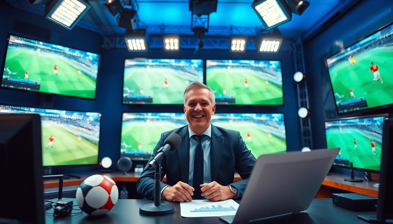 스포츠중계 현장에서 생동감 넘치는 캐스터가 스포츠 경기 중계를 진행하는 모습