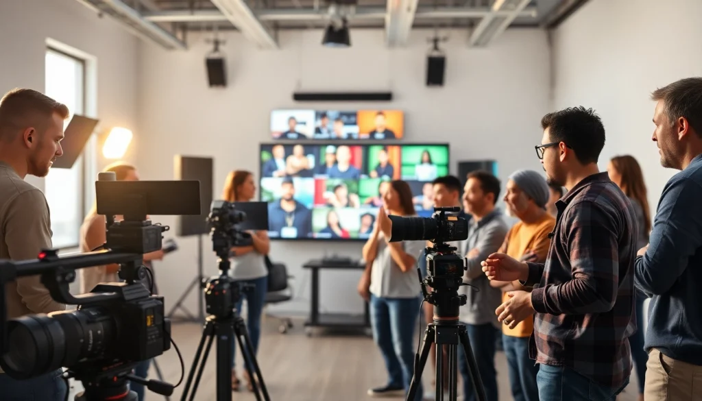 Team engaged in crafting a video strategy, showcasing collaboration and creativity in a vibrant studio setting.