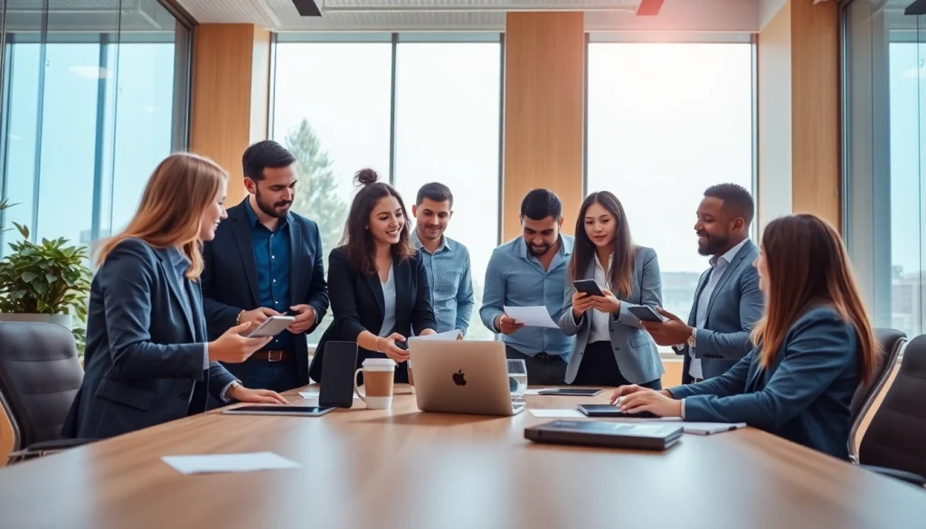 Team members collaborating on small business jobs in a modern office with natural light.