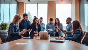Team members collaborating on small business jobs in a modern office with natural light.