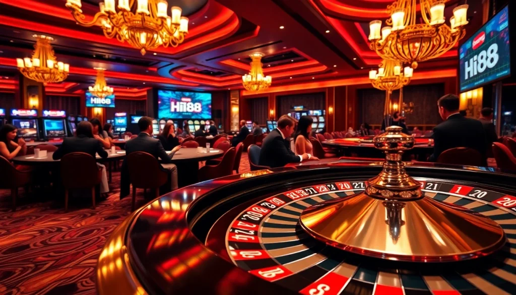 Experience the thrilling atmosphere of trang hi88 as players strategize at a vibrant casino poker table.