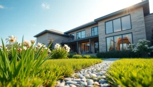 Showcase a beautiful Real Estate property framed by vibrant gardens and clear skies.