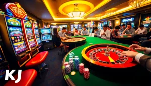 KJC AC 3 themed casino scene showcasing slot machines, poker chips, and a spinning roulette wheel, depicting the exhilarating gambling experience.