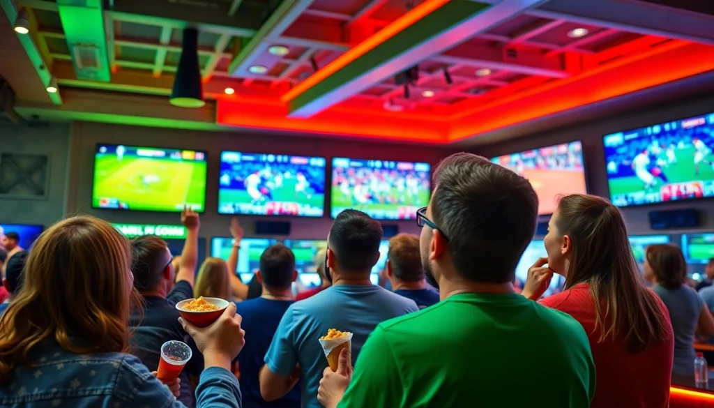 스포츠중계 라이브 경기를 응원하는 팬들이 가득한 스포트 바의 생동감 넘치는 장면