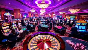 Casino gaming scene featuring KJC brand elements, showcasing vibrant tables and exciting players.