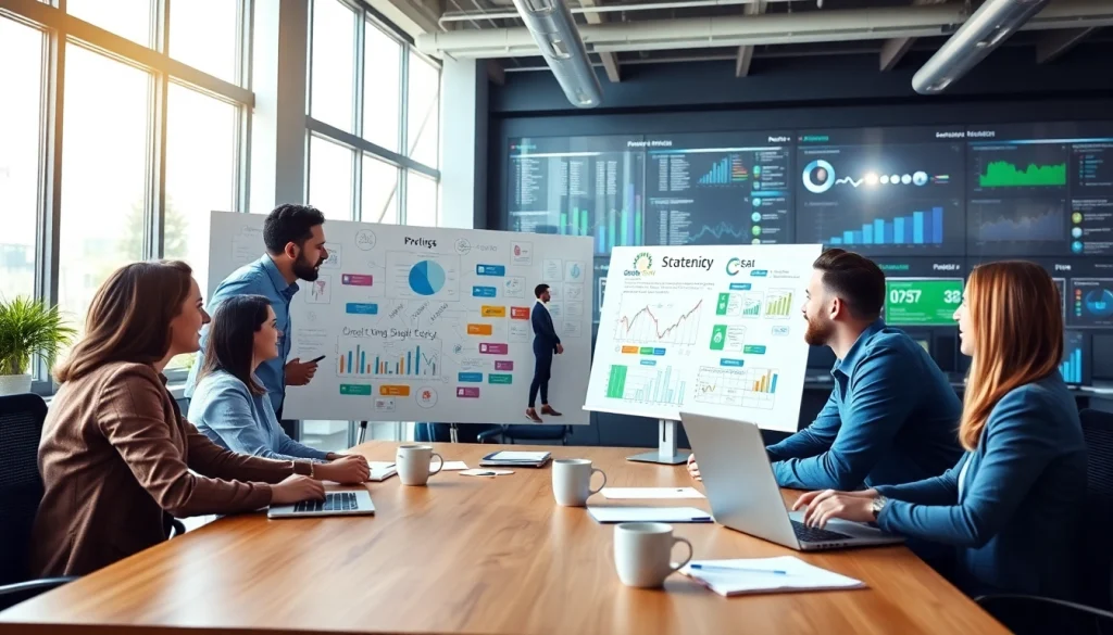 Engaged team of an SEO agency near me discussing effective strategies in a bright office.