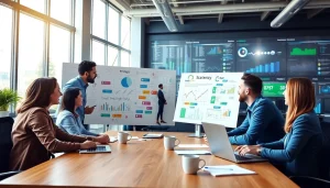 Engaged team of an SEO agency near me discussing effective strategies in a bright office.