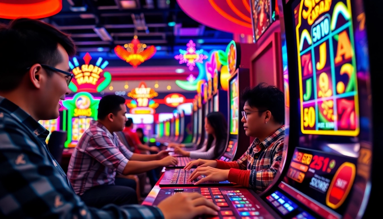 Aksi pemain pada slot bet 50 perak di kasino yang meriah dengan mesin slot berwarna-warni.