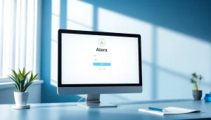Atera login screen showcased on a computer in a bright office setting.