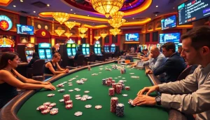 Marvelbet players enjoying a thrilling casino experience with vibrant slot machines and poker tables.