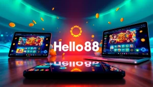 Hello88 online gaming interface with vibrant colors and modern devices.
