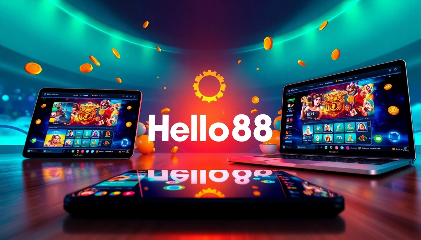 Hello88 online gaming interface with vibrant colors and modern devices.