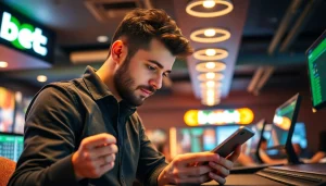 Apostando na casa de apostas Bet da Sorte, jogador interagindo com seu aplicativo de apostas.