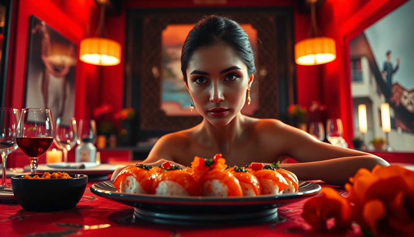 Body sushi elegantly presented on a model, showcasing a luxurious dining experience with vibrant colors.