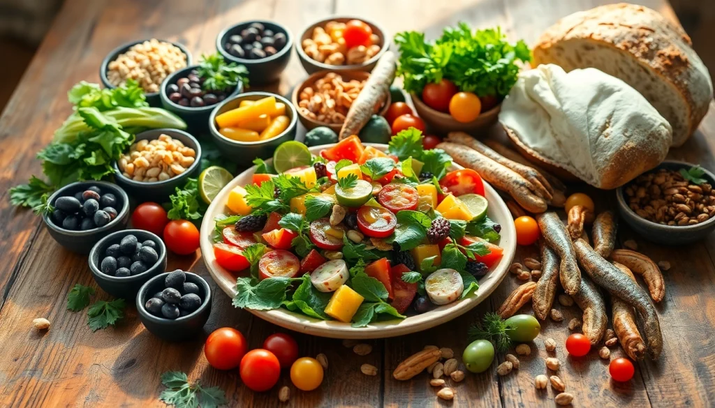 Enjoying a colorful Mediterranean diet spread filled with vibrant fruits and vegetables.