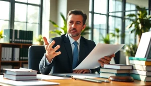 Engaged environmental lawyer consulting in a bright office filled with law books.