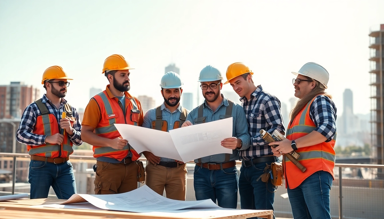 Southern California contractors association team reviewing project plans at a construction site.