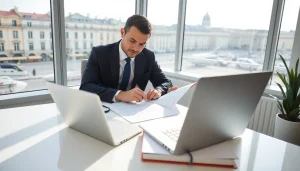 Traducteur assermenté à Marseille examinant des documents officiels dans un cadre de bureau professionnel