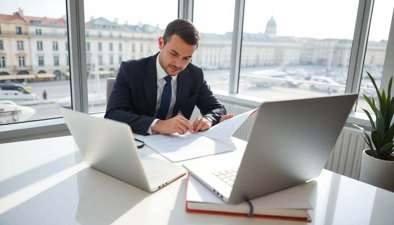 Traducteur assermenté à Marseille examinant des documents officiels dans un cadre de bureau professionnel