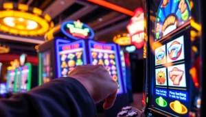 จูบสล็อต แสดงการเล่นสล็อตแมชชีนที่มีสัญลักษณ์สดใสและบรรยากาศของคาสิโน
