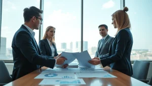 Engaged professionals providing VAT Consultancy in Abu Dhabi amidst financial documentation in a modern office.