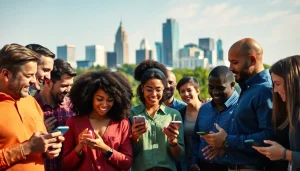 Engaged group discussing Georgia sports betting with mobile devices against a vibrant local backdrop.