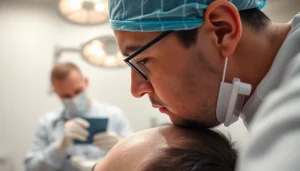 Observe a skilled surgeon performing a hair transplant in a sterile clinic, emphasizing care and precision.