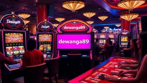 Bank mesin slot Dewanaga89 dengan pemain menikmati sensasi permainan taruhan tinggi di kasino mewah.