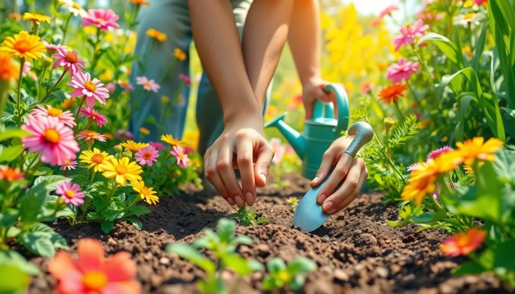 Engaging scene of a gardener nurturing plants, highlighting a trending gardening review atmosphere in vibrant colors.