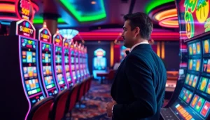 Players enjoying the excitement of Slot777 slot machines in a vibrant casino atmosphere.
