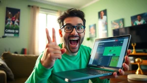 Engaging image of sports betting in Canada, showing a bettor's excitement with a laptop.