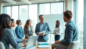 Crisis management consultant leading a team meeting, promoting effective crisis strategies.