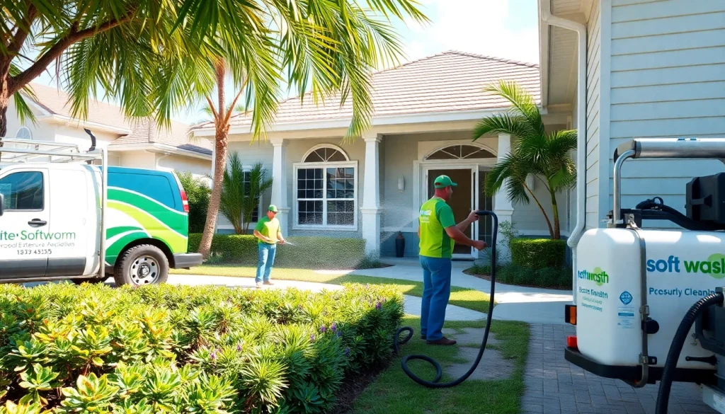 Soft wash service in Kissimmee, FL, showing exterior cleaning specialists restoring a home's siding with eco-safe techniques.