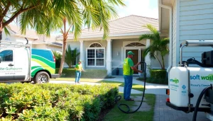 Soft wash service in Kissimmee, FL, showing exterior cleaning specialists restoring a home's siding with eco-safe techniques.