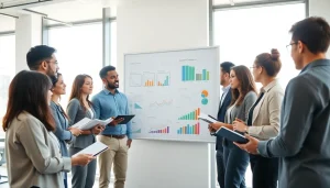 Team discussing competitive intelligence strategies in a bright office environment.