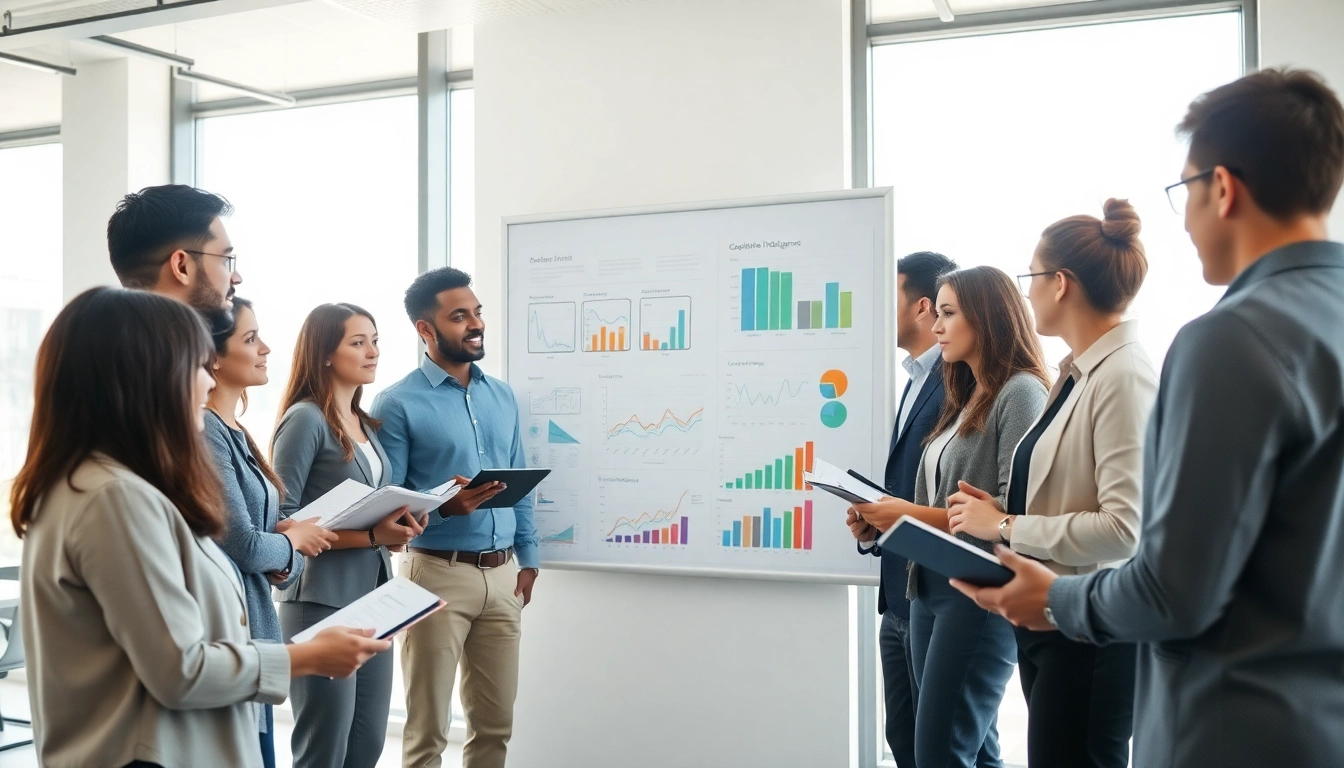 Team discussing competitive intelligence strategies in a bright office environment.