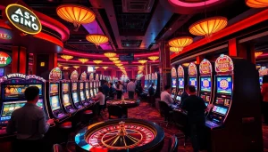 Players celebrating big wins on exciting toto slot machines in a luxurious casino setting.